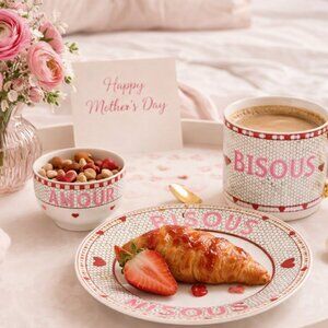 3 Piece Anthropologie Bistro Tile 24K Gold Decaled Stoneware Plate, Mug & Bowl